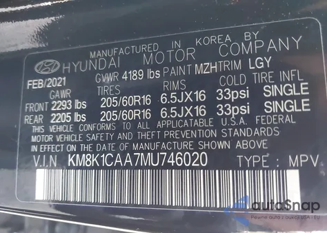 2021 Hyundai Kona Se from USA, damaged, VIN KM8K1CAA7MU746020